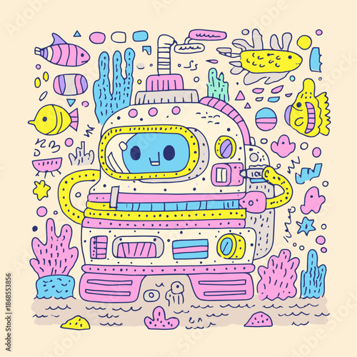 Whimsical Robot Exploring Underwater World