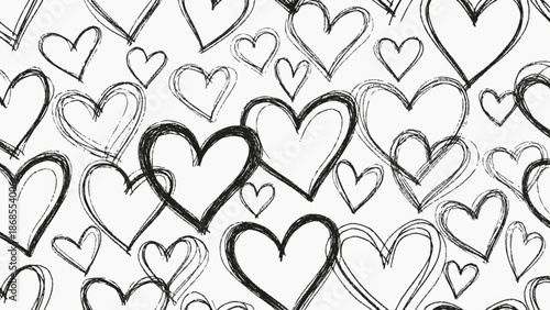 Black and white hand drawn hearts pattern on white background.