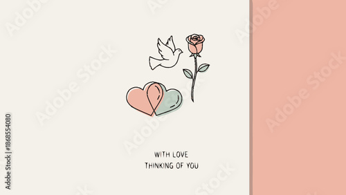 Simple line art illustration of a dove, rose, and heart on a greeting card.