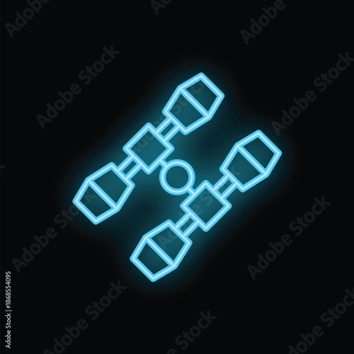Bright blue neon icon of the international space station glowing on dark background