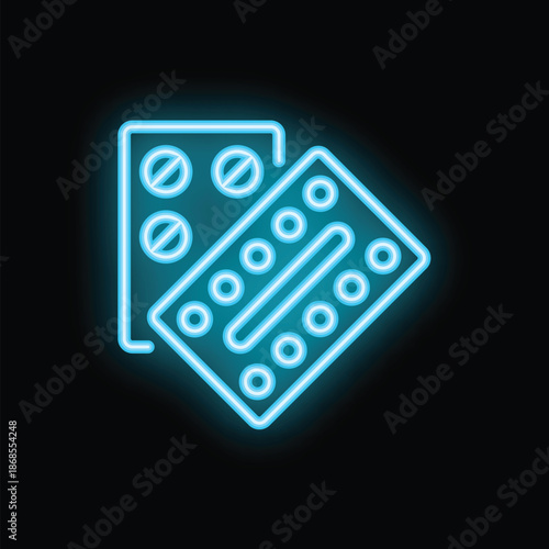 Bright blue neon sign showing blister packs of pills glowing against a black background