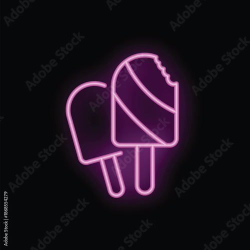 Two neon pink ice creams on a stick glowing on black background, one with a bite taken out of it