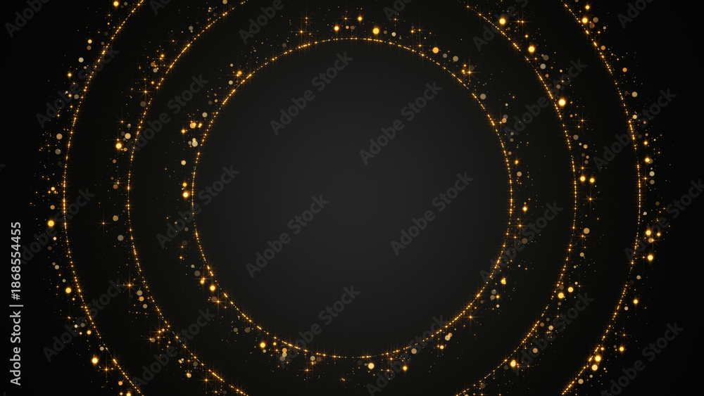 Fototapeta premium abstract gold circles frame with golden glitter shiny stars and bokeh lights and particle ,dark luxury holiday christmas and new year social media background