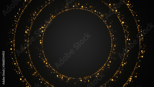 abstract gold circles frame with golden glitter shiny stars and bokeh lights and particle ,dark luxury holiday christmas and new year social media background