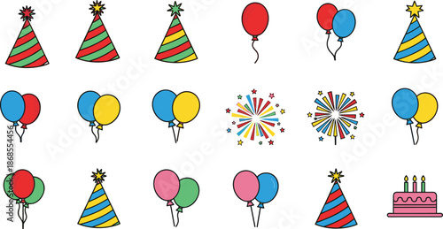 Colorful birthday party icons collection with balloons hats fireworks and cake vector illustration set for celebration design decoration projects