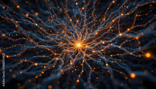 Abstract Network of Bright Particles and Glowing Threads in Space