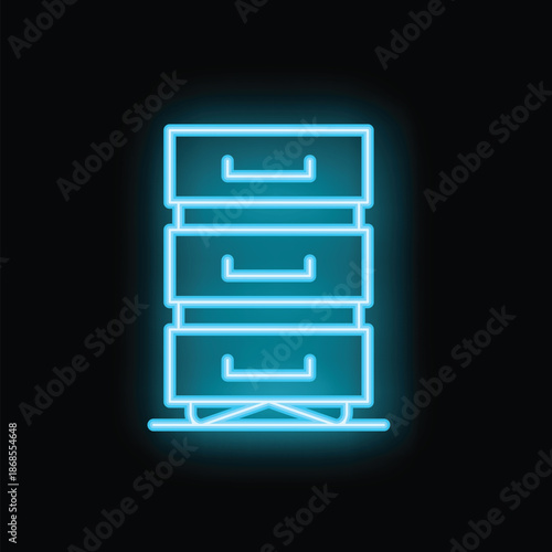 Bright blue neon icon of a chest of drawers glowing on a black background