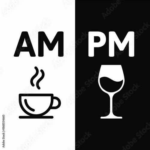 AM and PM Icons with Coffee Cup and Wine Glass Day and Night Time Concept Illustration