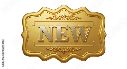 3d icon of ornate golden plaque with the word new and decorative border isolated on transparent background