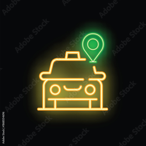 Neon taxi cab icon with location pin glowing on dark background
