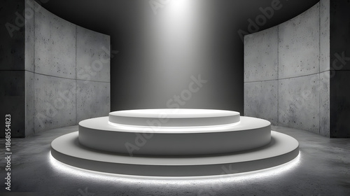 Stunning photo of background podium 3D light white and chrome platform stage product abstract. Scene background 3D podium metallic pedestal room glow studio empty stand floor.