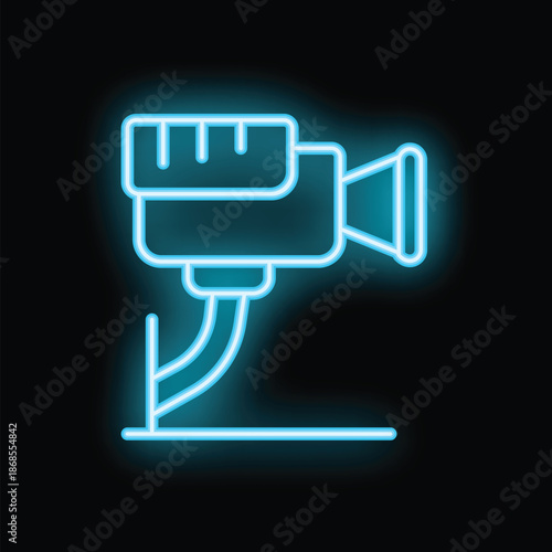 Blue neon sign of a broadcasting camera on tripod, glowing on a dark background