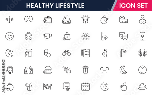 Vibrant vector web line icons depicting healthy lifestyle, fitness, nutrition, wellness, exercise, and balanced habits for vibrant living.