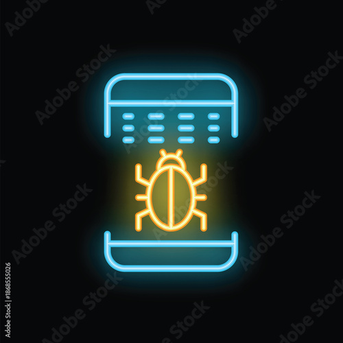 Neon icon of a bug leaving a smartphone screen, representing the concept of fixing software issues