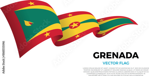 Flag of Grenada. Grenadian and Caribbean Culture. Shining flag with realistic shadows waving in three layers. The elegant curves and realistic shading create a sense of motion
