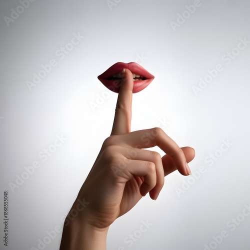 Surreal Close-Up of Finger Pressed to Lips Lip Print Artwork Shushing Gesture Concept for Silence, Secrecy and Mystery