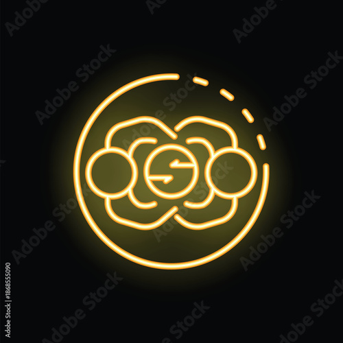 Yellow neon icon on black background representing a decentralized network sharing data with nodes communicating