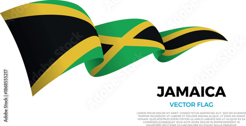 Flag of Jamaica. Jamaican and Caribbean Culture. Shining flag with realistic shadows waving in three layers. The elegant curves and realistic shading create a sense of motion
