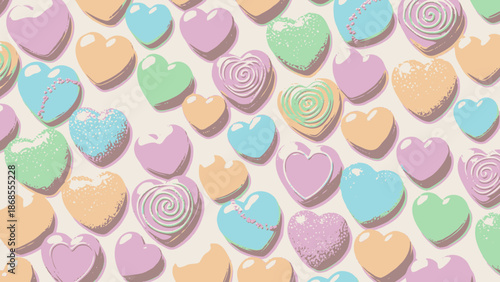 Colorful heart-shaped candies in pastel shades arranged in a pattern.