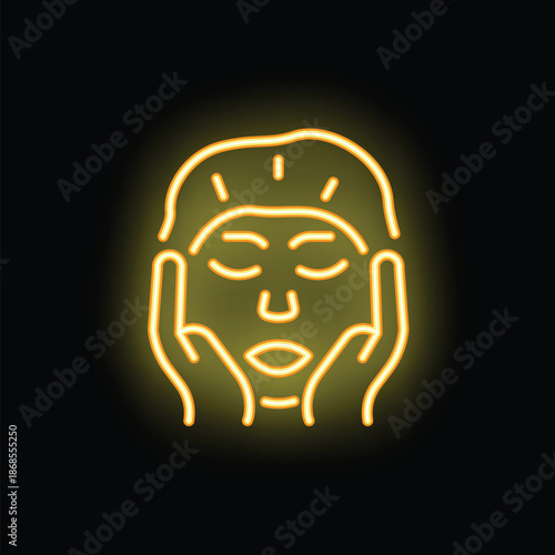 Neon icon of a woman with closed eyes enjoying a relaxing facial massage treatment