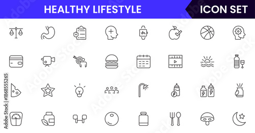 Vibrant vector web line icons depicting healthy lifestyle, fitness, nutrition, wellness, exercise, and balanced habits for vibrant living.