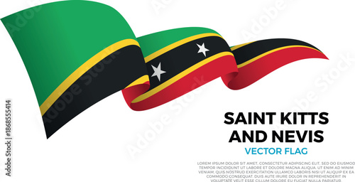 Flag of Saint Kitts And Nevis. Nevisian and Caribbean Culture. Shining flag with realistic shadows waving in three layers. The elegant curves and realistic shading create a sense of motion