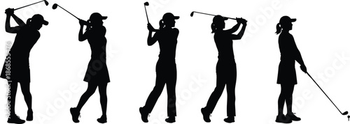 Female golfer silhouette sequence, graceful golf swing and putting poses monochrome vector illustration set for sports design, coaching visuals, tournament branding
