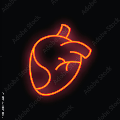 Neon red heart sign is glowing on a black background