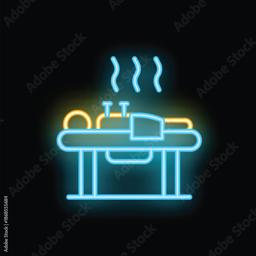 Bright neon sign depicting a patient lying on a massage table receiving a spa treatment
