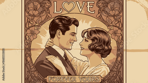 Vintage couple embracing with heart shaped love letter.