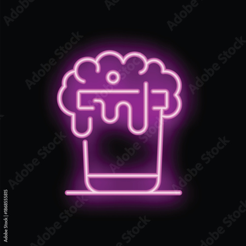 Bright pink neon sign of a glass with overflowing beer foam, isolated on a black background
