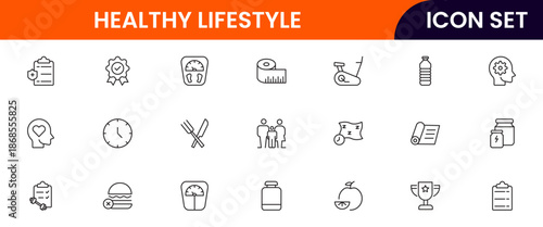 Vibrant vector web line icons depicting healthy lifestyle, fitness, nutrition, wellness, exercise, and balanced habits for vibrant living.