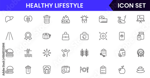 Vibrant vector web line icons depicting healthy lifestyle, fitness, nutrition, wellness, exercise, and balanced habits for vibrant living.