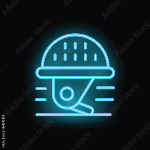 Blue neon icon of a cricket helmet glowing on a black background