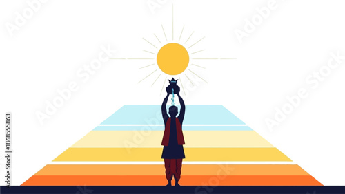 A minimalist flat design illustration of Surya Dev, the Sun God, representing the spiritual significance and reverence for the sun during Makar Sakranti.