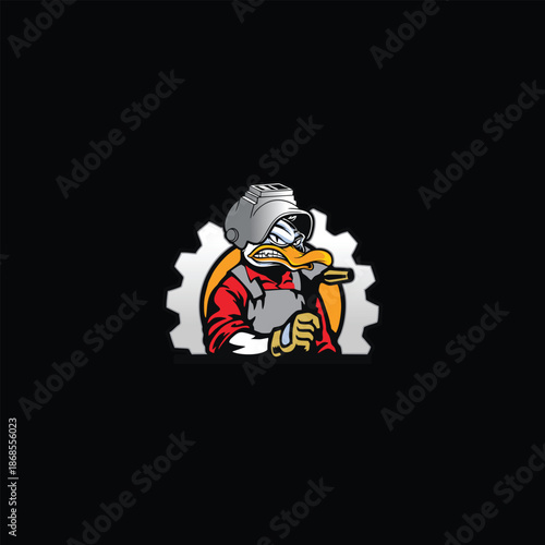 Duck welder in front of cog