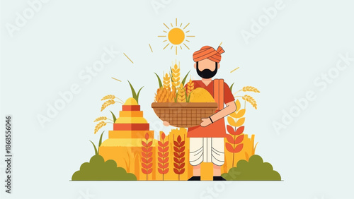 This flat design illustration captures the essence of Makar Sakranti as a harvest festival, showcasing a simple rural landscape with abundant crops.