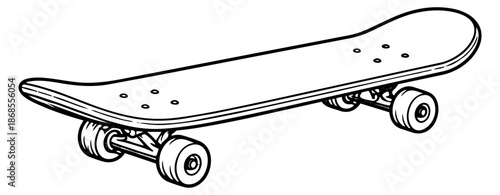 Hand drawn line art illustration of a skateboard depicting classic wheeled sports equipment for urban recreation