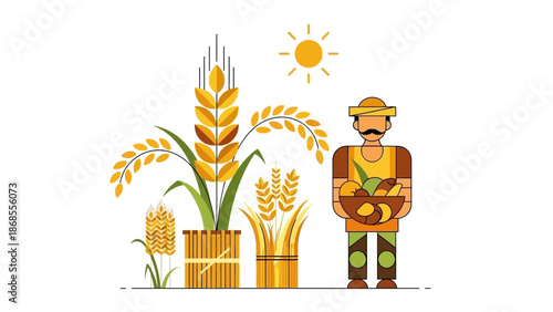 This flat design illustration captures the essence of Makar Sakranti as a harvest festival, showcasing a simple rural landscape with abundant crops.