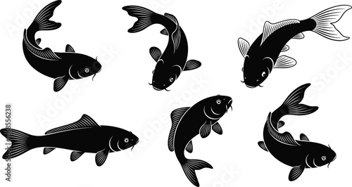 Koi fish silhouette collection, elegant swimming carp poses monochrome vector illustration set for Japanese art, aquatic design, tattoo, logo, decorative graphics