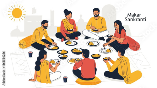 A heartwarming flat design illustration depicting an Indian community gathered around a table, sharing a festive meal during the Makar Sakranti celebration.