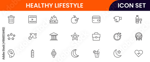 Vibrant vector web line icons depicting healthy lifestyle, fitness, nutrition, wellness, exercise, and balanced habits for vibrant living.