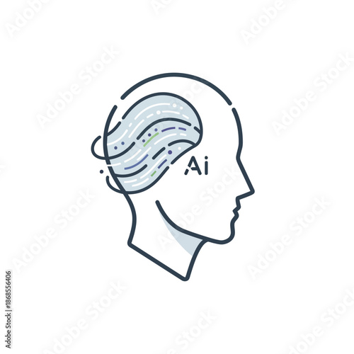 Modern minimalist line art icon of a human head with abstract "Ai" elements, symbolizing artificial intelligence, cognitive processing, and the future of digital thinking
