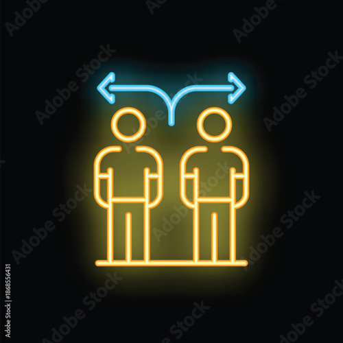 Neon sign representing two businessmen making a decision, choosing different directions, splitting for opposite ways