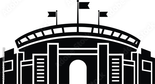 Modern stadium silhouette icon, large sports arena building with flags monochrome vector illustration for football events, championship branding, architectural design graphics