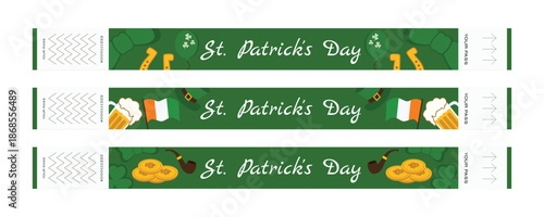 Set of green festival wristbands with shamrocks leprechaun gold Ireland flag beer hats and pipe