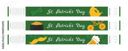 Set of green festival wristbands with shamrocks pot of leprechaun gold beard and decorative elements