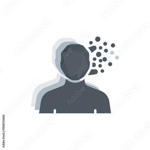 Abstract illustration of a person's silhouette fading into particles, symbolizing memory loss, mental health struggles, or the dissolution of self and identity under stress