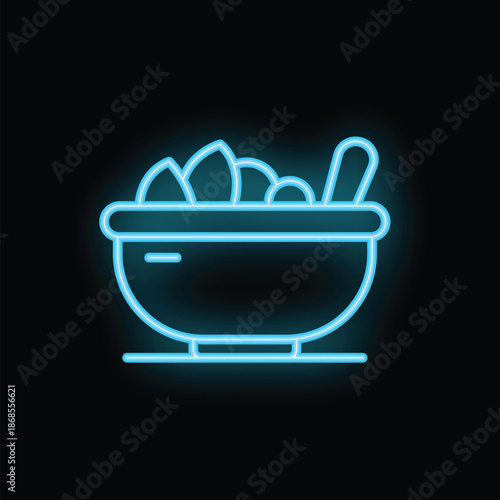 Blue neon sign of a bowl full of fresh salad with a fork, over black background