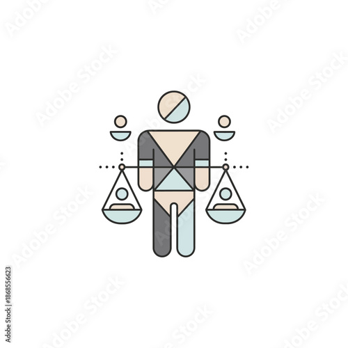Stylized abstract illustration of a person with integrated balance scales, symbolizing justice, equality, and fairness. Concept of human rights, ethical principles, and societal balance